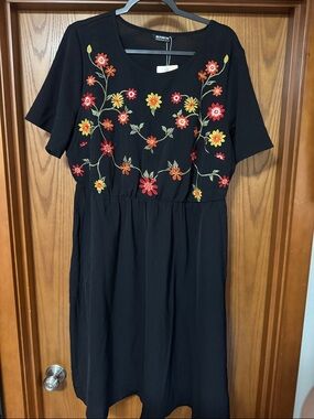 BloomChic Black Midi Dress with Red & Yellow Floral Embroidery